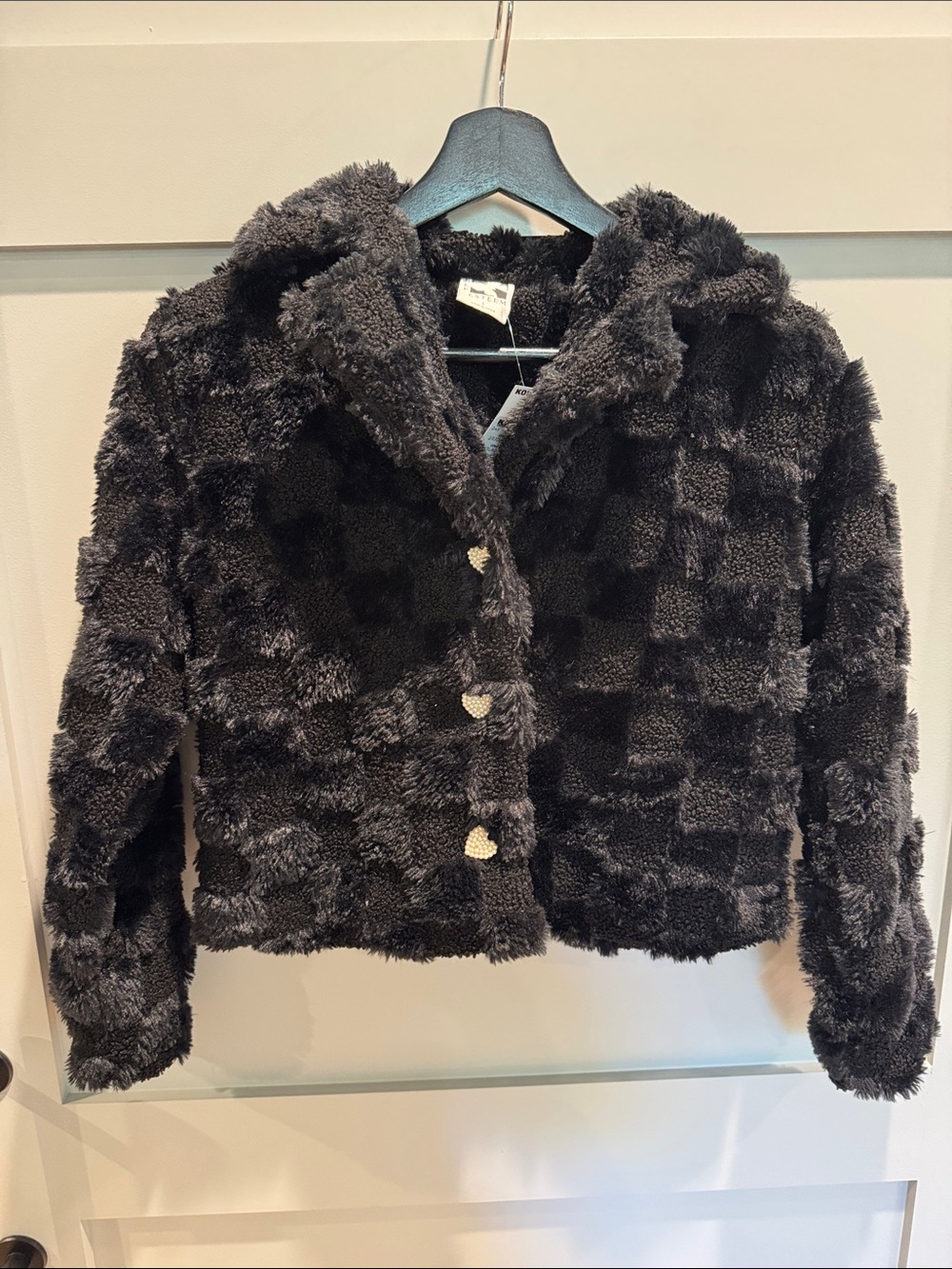 Self Esteem Black Checkerboard Faux Fur Teddy Coat